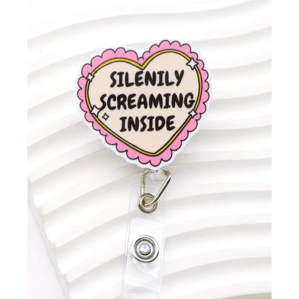 Silently Screaming Inside Heart Retractable Badge Reel Pink Kawaii ID Holder